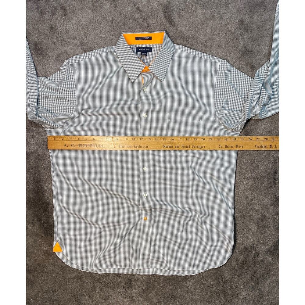 Lands‎ End Men's Large Wrinkle Free LS Shirt Black Gingham Check  w/ Orange Trim - Picture 7 of 12
